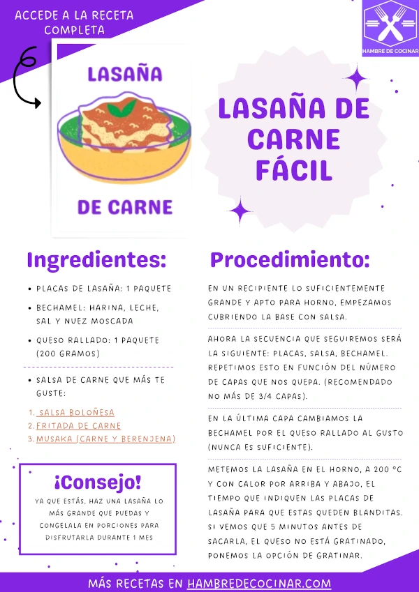 Imagen de la receta completa de la lasaña de carne con sus ingredientes, el paso a paso y algunos consejos.