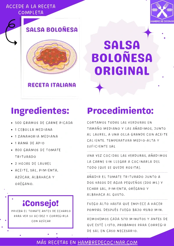 Imagen de la receta completa de la salsa boloñesa con ingredientes, paso a paso y consejos.